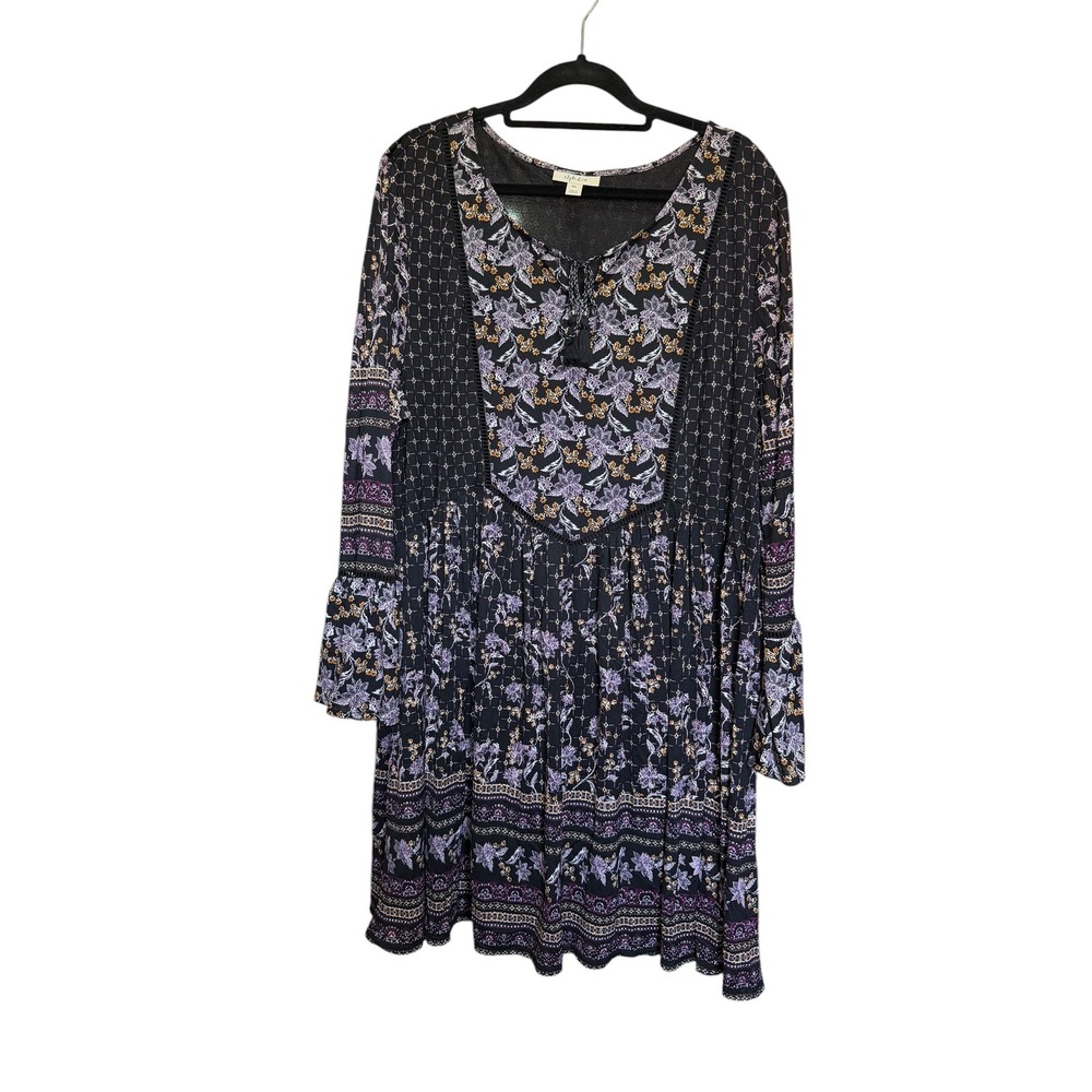 Style & Co Womens XXL Black Floral Boho Tassel Babydoll Mini Dress Bell Sleeve